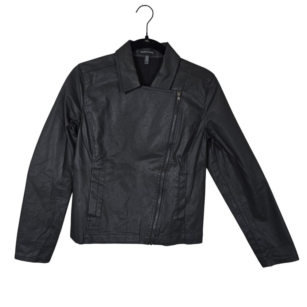 EILEEN FISHER Moto Jacket XS Black Waxed Organic Cotton Blend Punk Rock Goth